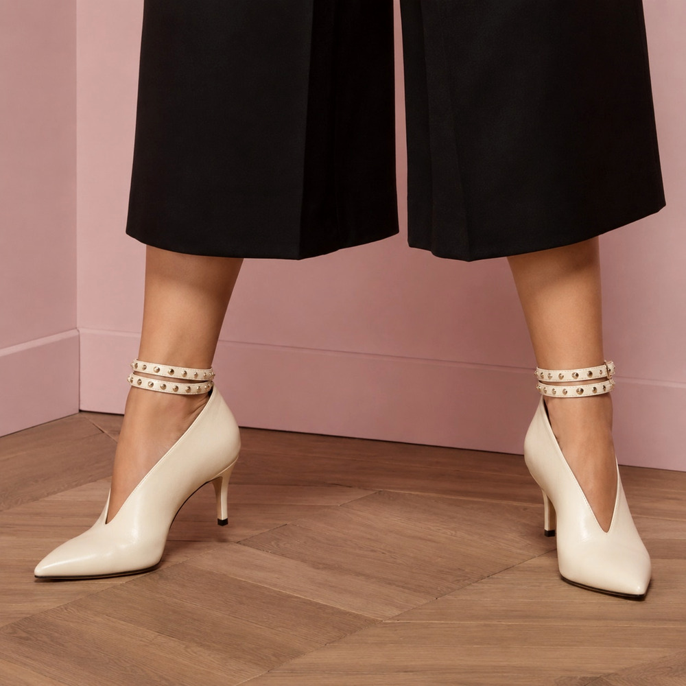 Jimmy Choo 8 Leather Lark 65 Pumps Deep V Ankle Strap Ivory Ecru Booties 38.5